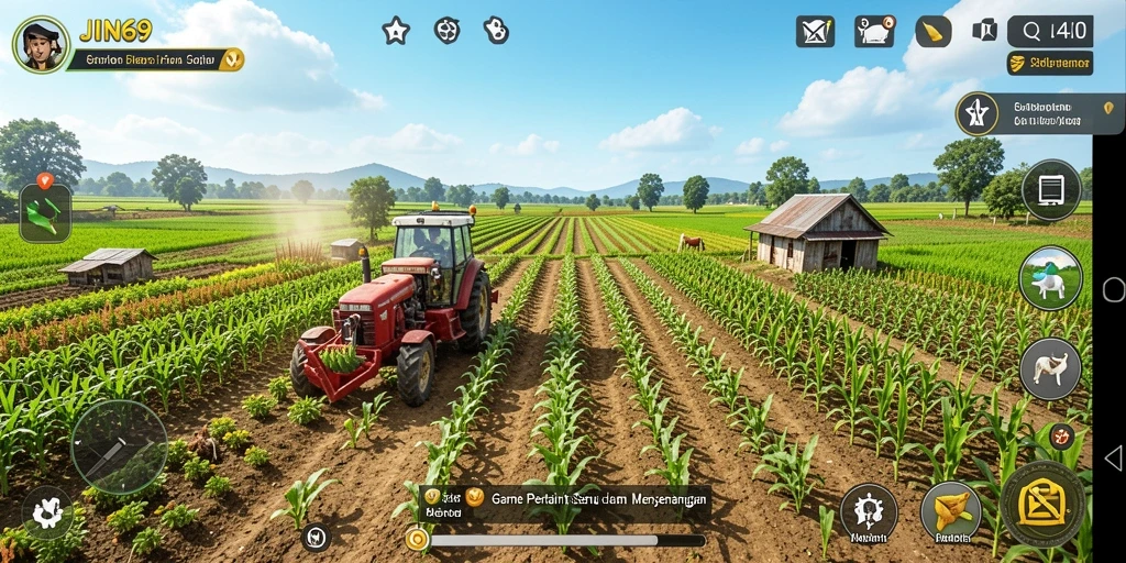 Screenshot gameplay JIN69 yang menunjukkan suasana pertanian yang indah.