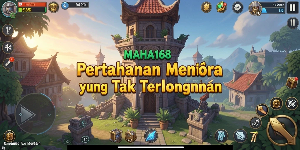 Tampilan gameplay seru dalam MAHA168 dengan menara pertahanan yang strategis.