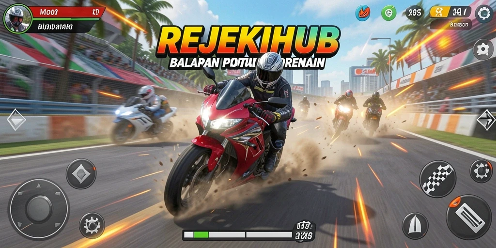 Tampilan gameplay menegangkan dari REJEKIHUB saat balapan motor.