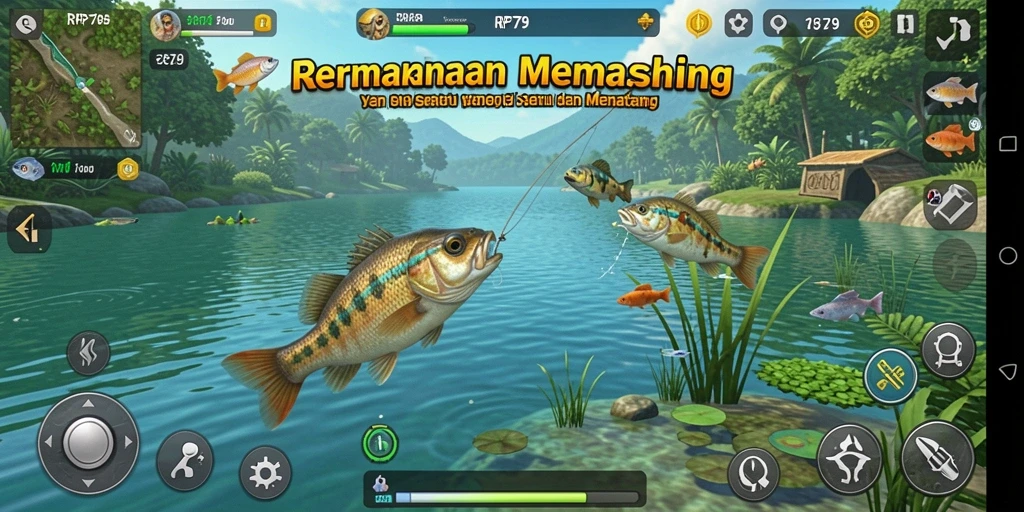 Tampilan gameplay RP79 menampilkan keseruan memancing di lokasi yang indah.