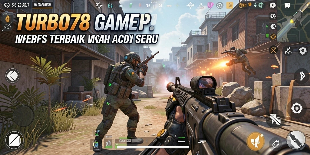 Screenshot utama TURBO78 menampilkan aksi tembak-menembak yang intens di arena pertempuran.